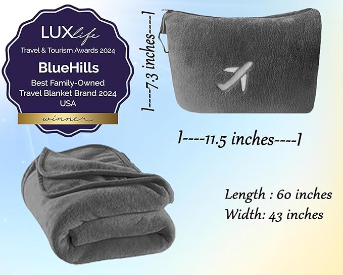 BlueHills Premium 2 Pack Travel Blanket Pillow in Mini Soft Case Plush Airplane Blanket in Bag Compact Luggage Belt Plane Pillows Gifts Long Flight Blankets Essentials Gray M21