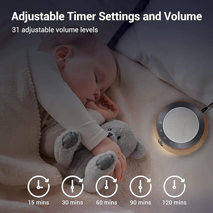 BGOVERSS White Noise Sound Machine with 20 Soothing Sounds, 10 Colors Night Light Sleep Machines Home Office Travel, 5 Timers and Memory Feature Sound Machine for Nursery Baby Kids Adults (Wood)