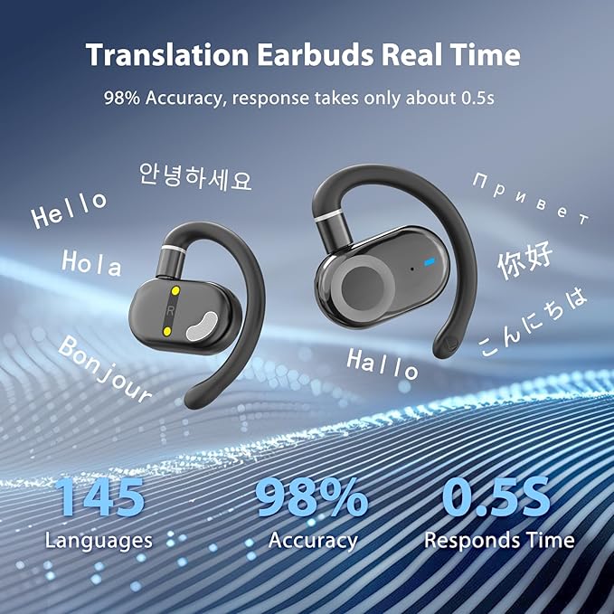 AI Translation Earbuds Real Time, Language Translator Earbuds, 144 Languages & Accents, OWS 3-in-1 Open Ear Wireless Bluetooth Earbuds with Charging Case for Travel, Business & Learning