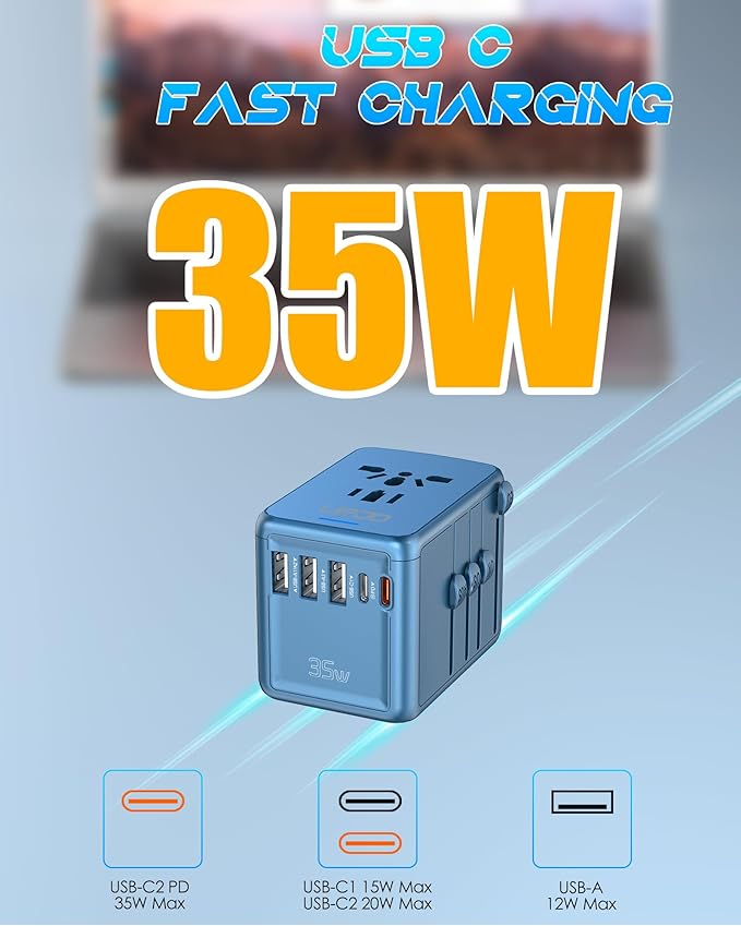 35W PD Universal Travel Adapter Fast Charging Offers 3X2.4A USB-A Ports, 2X USB-C Ports and Multi AC Outlet, International Plug Converter Worldwide Travel Charger All in One for EU US UK AUS