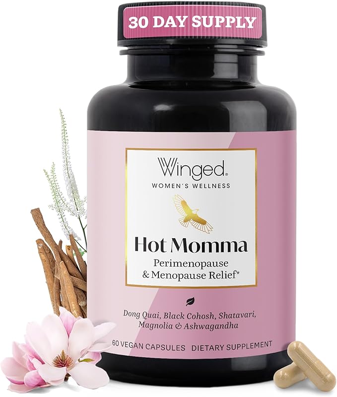 Winged Wellness Hot Momma Menopause Supplements for Women - Hormone-Free Menopause Relief Support for Hot Flashes & Night Sweats with Chaste Tree Berry, Multivitamins & More - 60 Vegan Capsules