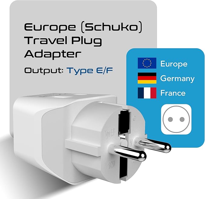 Ceptics European Travel Plug Adapter – Compact Type C & F Adapter with USB-C & A + USA Input – Safe Grounded Schuko Adapter – Travel Charger for France, Germany & More – CTU-9-9C-PK