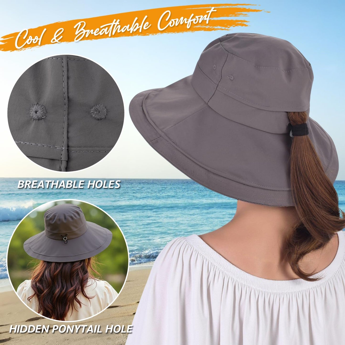 EINSKEY UPF 50+ Women's Sun Hat, Waterproof Wide Brim Bucket Hat, Ponytail Hole, Packable for Beach Hiking Fishing Gardening Dark Grey