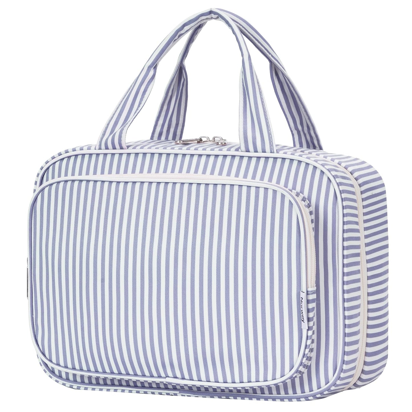 Narwey Striped Travel Toiletry Bag for Women Large Hanging Makeup Bag Organizer Toiletries Bag for Full Size Essentials Accessories Cosmetics (Greyish Blue Stripe (Large))