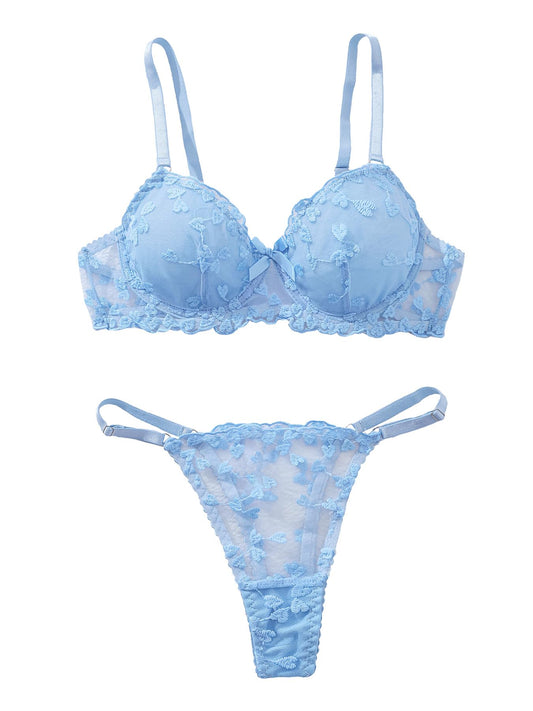 Aimedalis Sexy Strappy Embroidered Mesh Lingerie For Women Cute Underwire Push Up Bra And Panty Set Good Gifts For Wife (A Light Blue M)