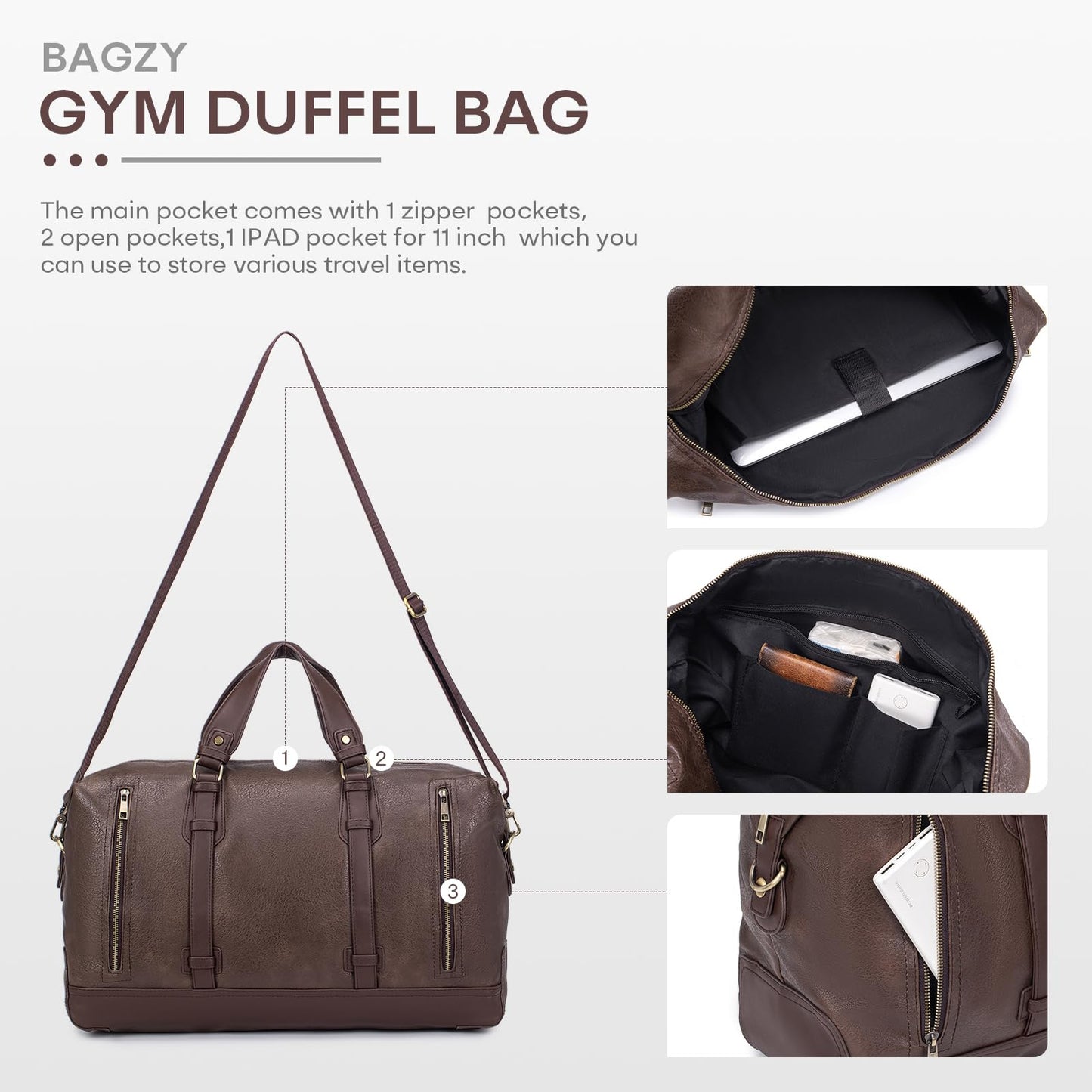 BAGZY PU Leather Travel Duffel Bag with Toiletry Dopp Kit Large Capacity Weekender Bag 25L Carry on Overnight Bag Sports Duffel Bag for Men or Women Black