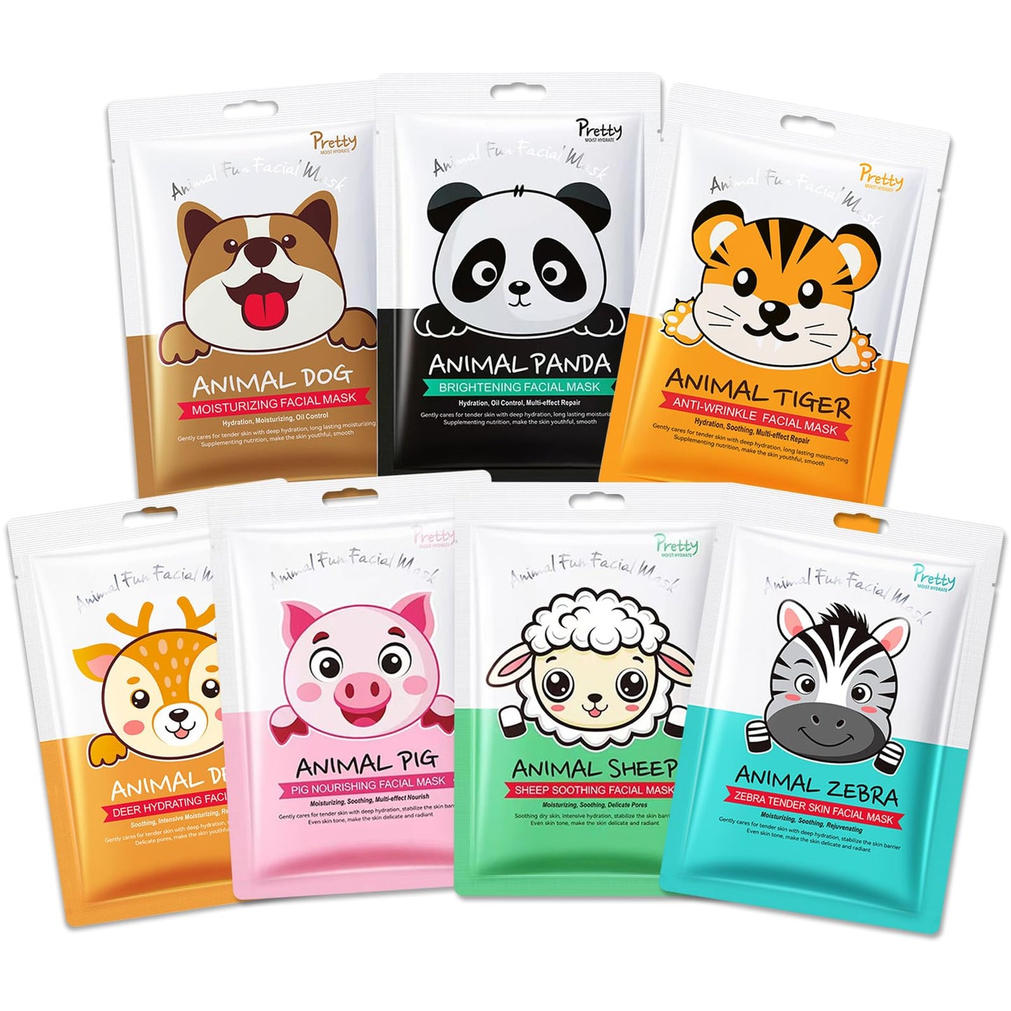 Beenefits 7 Packs Cute Animal Character Design Facial Masks, Deep Hyrating Spa Masks for All Skin Types, Gift for Kids' Birthady Party, Girl's Night, Enjoy Skincare Life