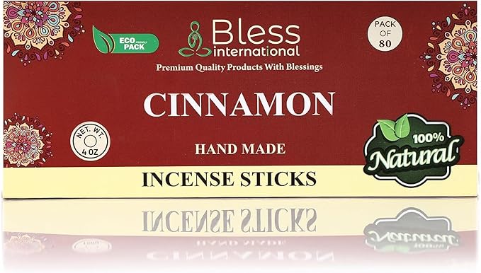 Bless-Cinnamon 100%-Natural-Handmade-Hand-Dipped-Incense-Sticks Organic-Chemicals-Charcoal-Free Purification-Relaxation-Positivity-Yoga-Meditation Best-Woods-Scent (80 Sticks (4.20 OZ))