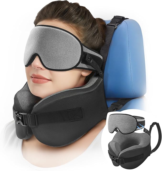 YFONG Travel Pillow for Long Flight Airplanes, Head Strap Combo with 3D Contoured Eye Mask for Sleep, Neck Pillow for Car Trip Essential, 360° Support Memory Foam Headrest, Prevent Head Bobbing, Grey