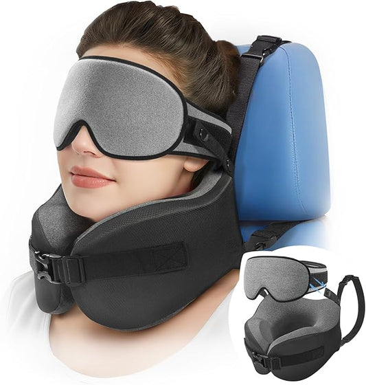 YFONG Travel Pillow for Long Flight Airplanes, Head Strap Combo with 3D Contoured Eye Mask for Sleep, Neck Pillow for Car Trip Essential, 360° Support Memory Foam Headrest, Prevent Head Bobbing, Grey