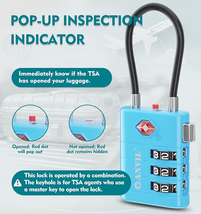 ANVIL TSA Approved Luggage Locks – High Security TSA008 Combination Travel Locks with Inspection Indicator for Suitcases and Backpacks. (4, Bule)