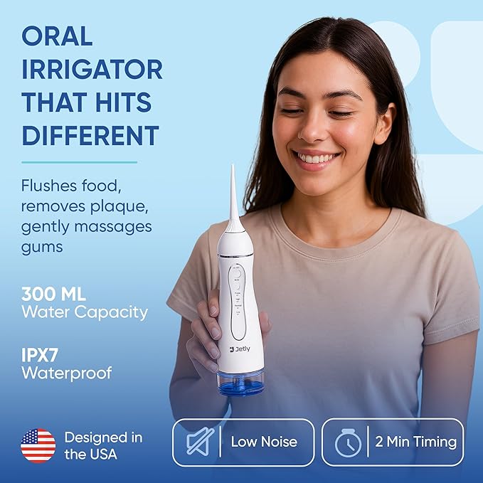 JETLY Water Dental Flosser Teeth Pick Cleaner: Travel Cordless Oral Irrigator 300ML Capacity Portable Rechargeable IPX7 Waterproof Electric Flossing Machine for Teeth Cleaning (White)