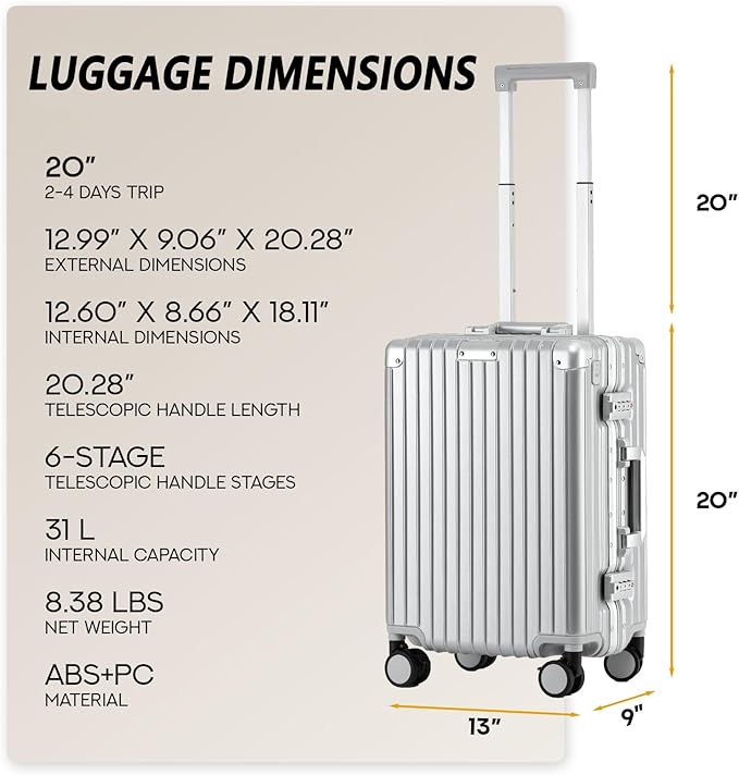 20 Inch Carry On Luggage 22x14x9 Airline Approved with Spinner Wheels,Hard Shell Zipperless Lightweight Small Suitcase with TSA Approved for Travel Business Women Men,Silver