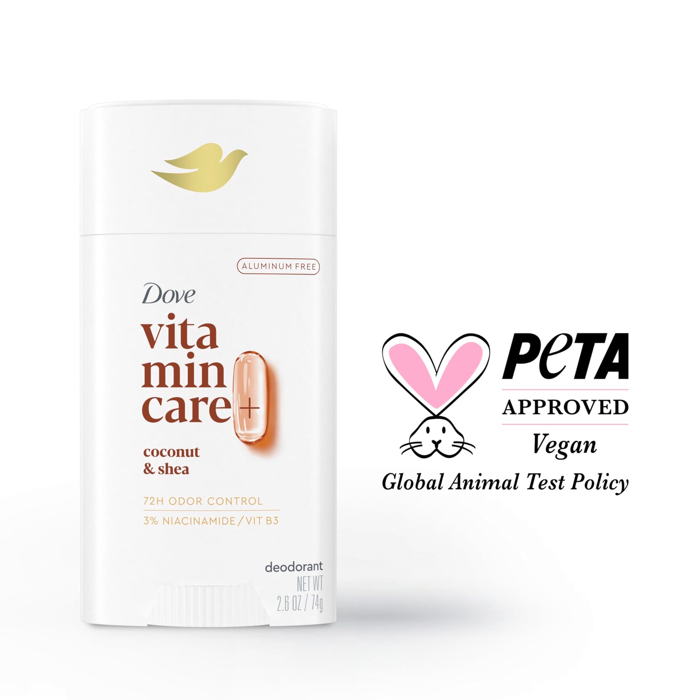 Dove VitaminCare+ Aluminum Free Deodorant Stick for 72H Odor Protection Coconut & Shea Breathable Deodorant for Women 2.6 oz