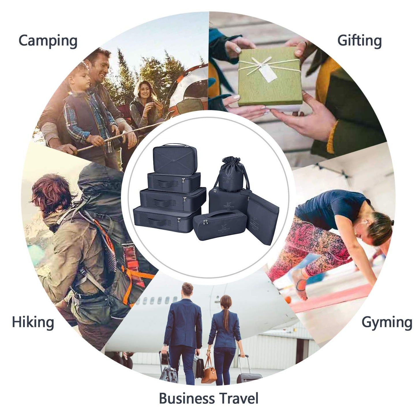 Packing Cubes 8 Sets Travel Luggage Organizers Include Waterproof Shoe Storage Bag Convenient Packing Pouches for Traveller (Navy blue)