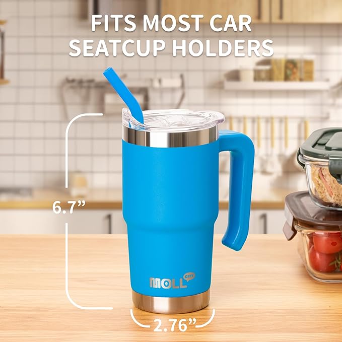 16 oz Tumbler with Straw Stainless Steel Double Wall Vacuum Insulated Coffee Cup with Lid and Handle-Reusable Travel Mug for Women, Girls(Sky Blue)