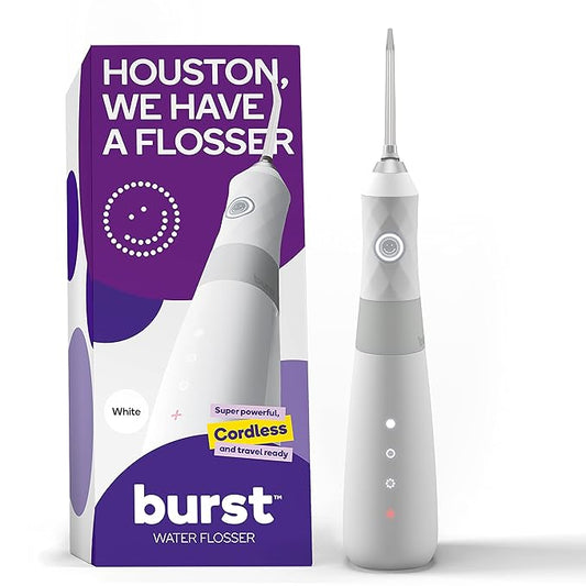 BURST Electric Water Flosser for Teeth Cleaning (3 Modes/White) | Cordless | Plaque Removal Between Braces & Dental Work | Portable Floss | Refillable 110mL Tank