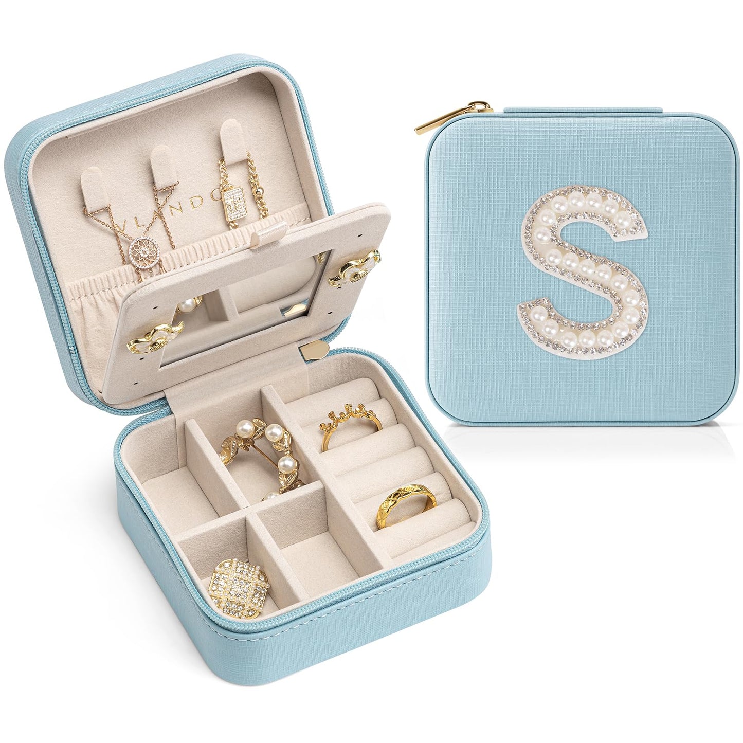 Vlando Jewelry Box for Girls Women, Initial Organizer Case, Travel Must Haves, Necklace Earrings Ring Box, Gifts for Sister Daughters - Letter S, Blue
