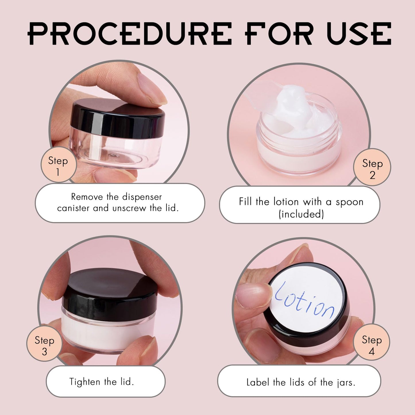 200 Count 3 Gram Sample Containers, Clear Lip Balm Containers with Lids, Small Plastic Sample Jars with 12 Mini Spoons, 200pcs Labels (Pink Lid)