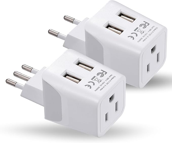 Ceptics Italy, Europe Travel Adapter Plug Set - 2 Pack - with 2 USB + USA Socket Input - Type L and Type C - Ultra Compact - Safe Grounded Perfect for Cell Phones, Laptops, Camera Chargers