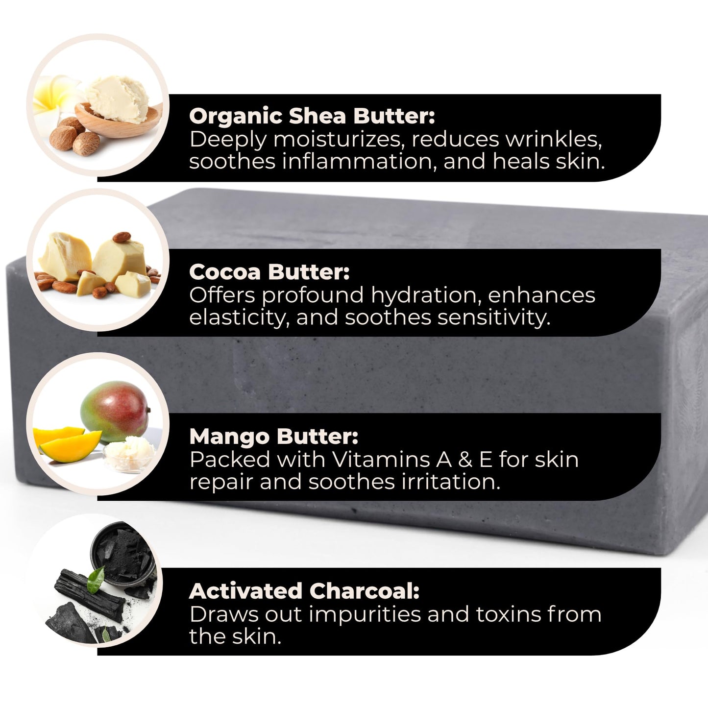 Activated Charcoal Bar Soap For Acne, Eczema, Psoriasis, Dry, Itchy, Sensitive Skin All Natural Detox Formula Shea, Cocoa, and Mango Butter Men, Women, Teens, Kids Face and Body 6 Oz Bar Soap