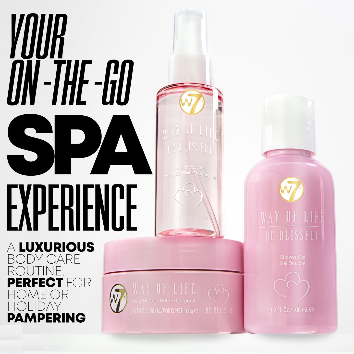 W7 VAY CAY Be Blissful - Travel Size Skincare Set | Carry On Luggage Essentials: Shower Gel & Body Wash, Body Butter & Body Mist | Energizing & Hydrating Body Care for Glowing Skin