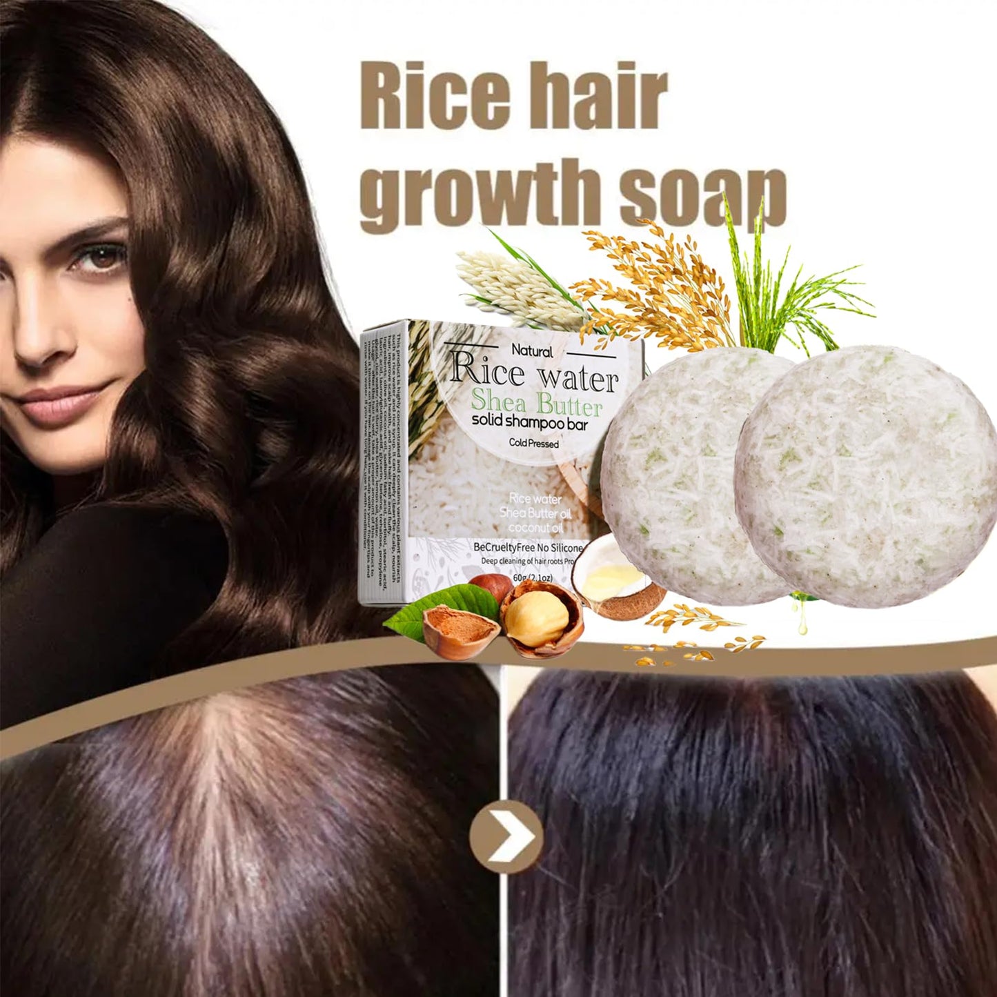 ASMAYSA 2Pcs Rice Water Shampoo Bar for Hair Growth, Protein Shampoo Bar Bulk, Root White Coverage Hair Darkening, Volumizing and Strengthening