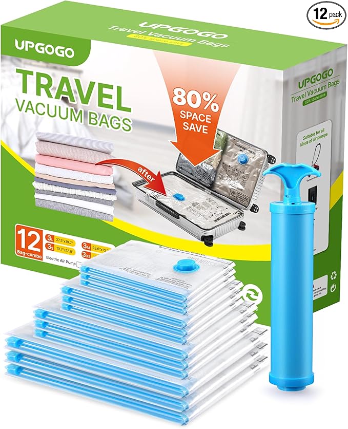 Vacuum Bags for Travel, 12 Pack with Hand Pump, Space Saver Vacuum Storage Bags, Travel Essentials, Clothes, Blankets, Pillows