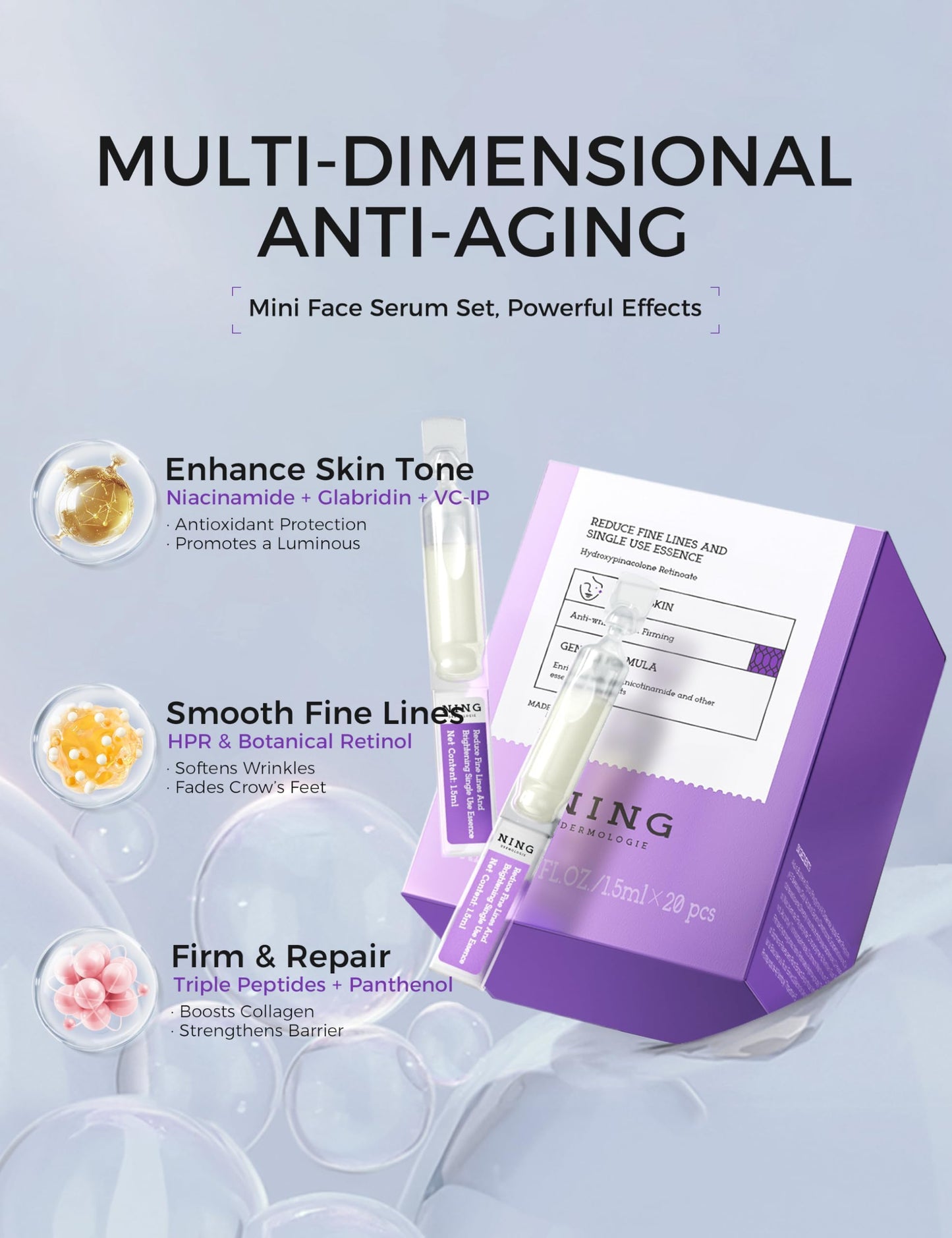 NING DERMOLOGIE Peptides Serum for Face with Retinol, Niacinamide, Panthenol, VC-IP - Anti-Aging Ampoules for Wrinkles Dark Spot&Reduce Fine Line - Single-Use Vials|Korean Skin Care 0.05 fl.oz x 20ex