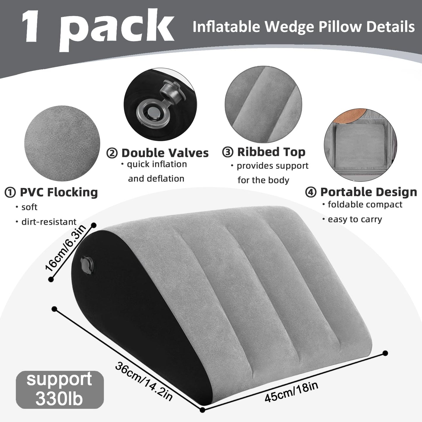 Portable Wedge Pillow Inflatable Cushion - Body Positioners Lightweight Wedge Pillow for Sleeping, Leg Elevation, Use in Bed, Travel, Camping, Fast Inflating Deflation (Grey)