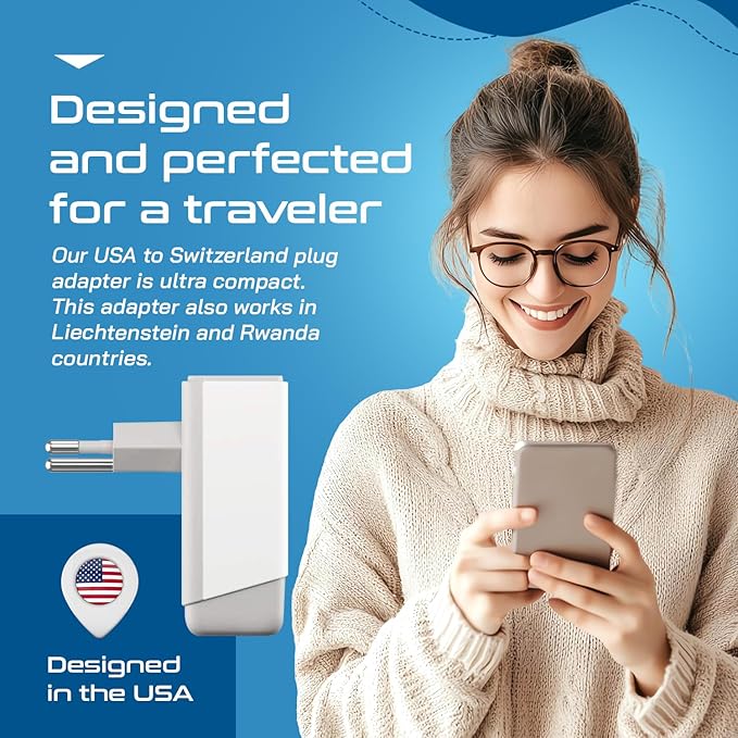 Ceptics Switzerland Plug Adapter, Travel with QC 3.0 & PD, Safe Dual USB & USB-C - 2 USA Socket Compact & Powerful - Quick Charge 3.0 & Power Delivery - Type J AP-11A - Fast Charging