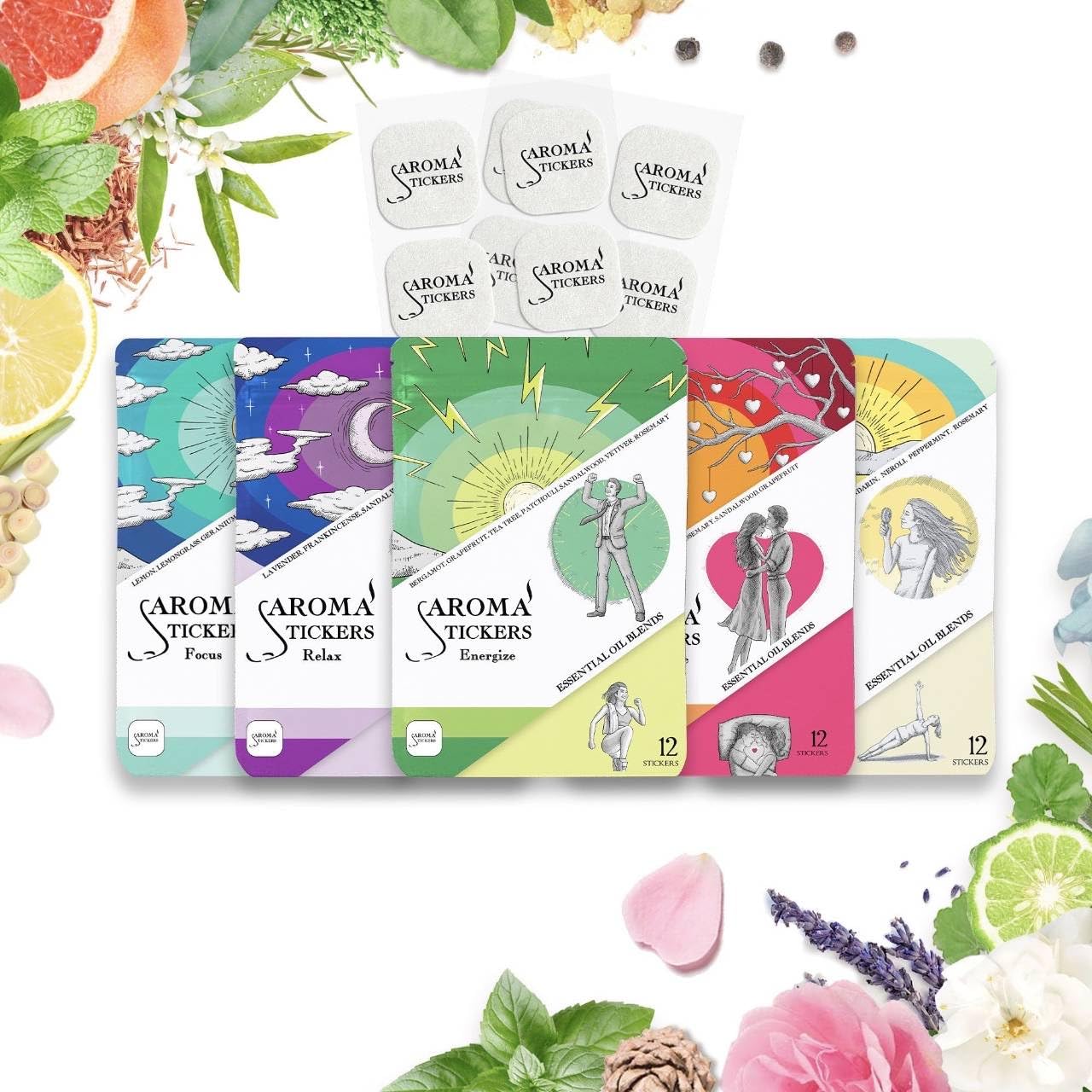 AROMA STICKERS® Original Blend Edition All in One - 100% Natural Essential Oil Scented - Aromatherapy Sticker Diffuser for Relaxation & Energy Boost (Pack of 5, 12 Stickers/Pack, 60 Stickers Total)