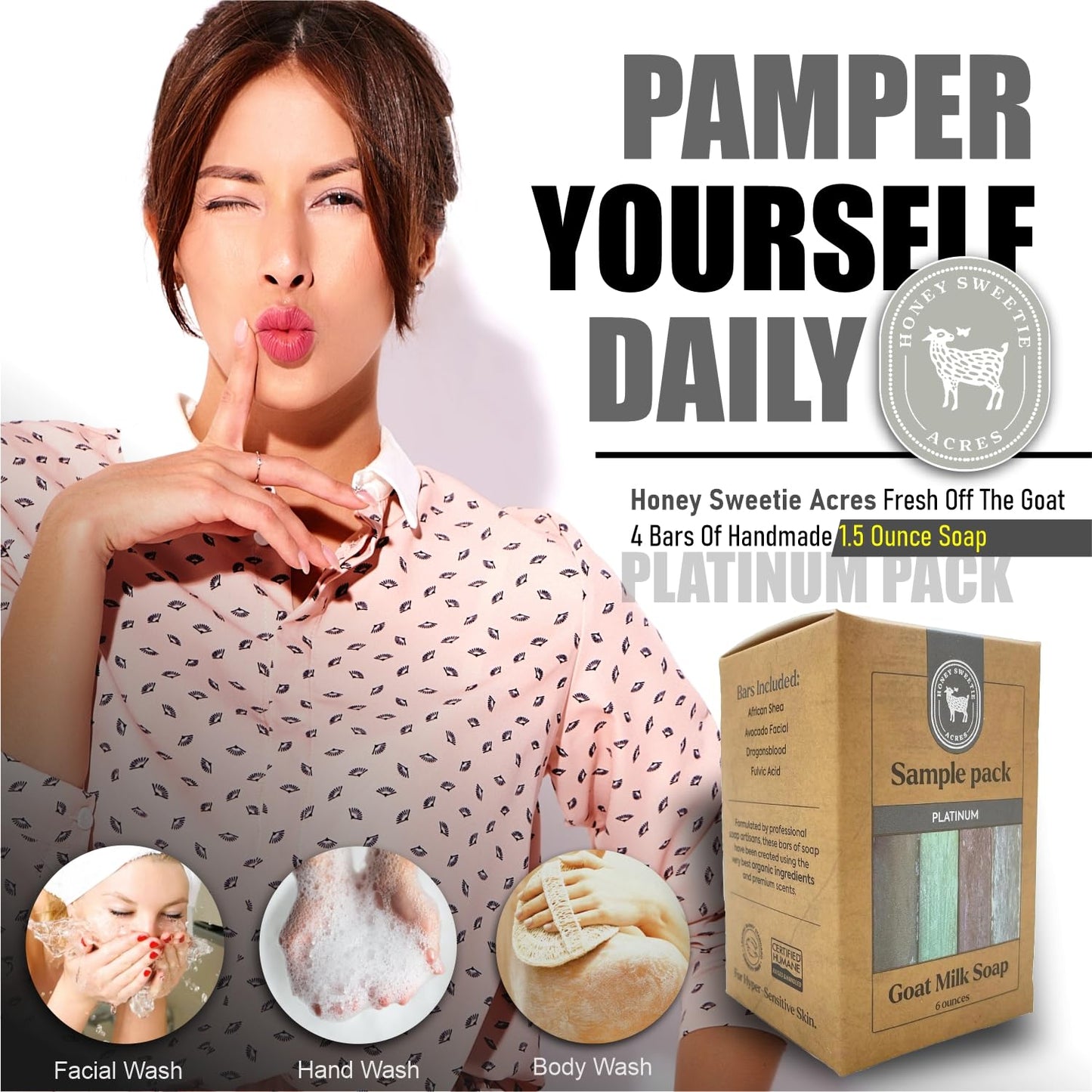 Honey Sweetie Acres Goat Milk Soap Travel Set – 4 Handmade Bars (approx 1.5 oz Each) – Fulvic Acid, Dragon’s Blood, African Shea, Avocado Facial – All Natural Platinum Collection