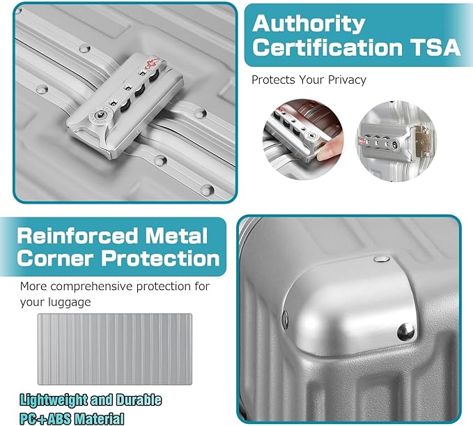 AnyZip Luggage Sets 2 Piece Aluminum Frame Carry On and Checked Suitcase PC ABS Hard Shell TSA Lock No Zipper(Silver, 20/28)