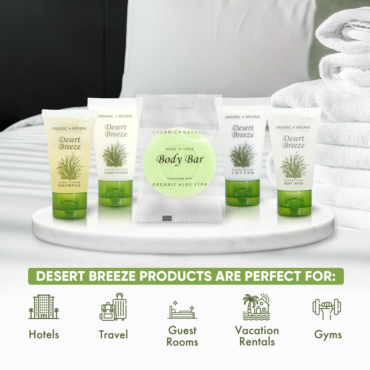 Desert Breeze Hotel Soaps & Toiletries Bulk Set | 1-Shoppe Amenities Kit | 1oz Shampoo & Conditioner, Body Wash, Lotion, Bar Soap | Travel Size | 150 Pieces