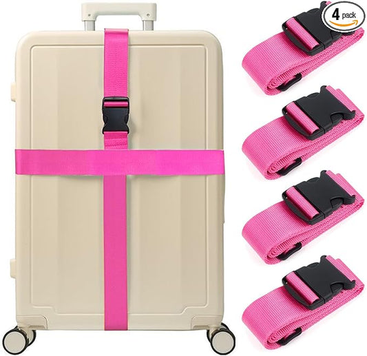 4PCS Luggage Straps for Suitcases & 2PCS Tags Set for Easy Identification,Travel Accessories for Safety,Luggage Strap for Travel Suitcase & Bag Closure,Rose Red