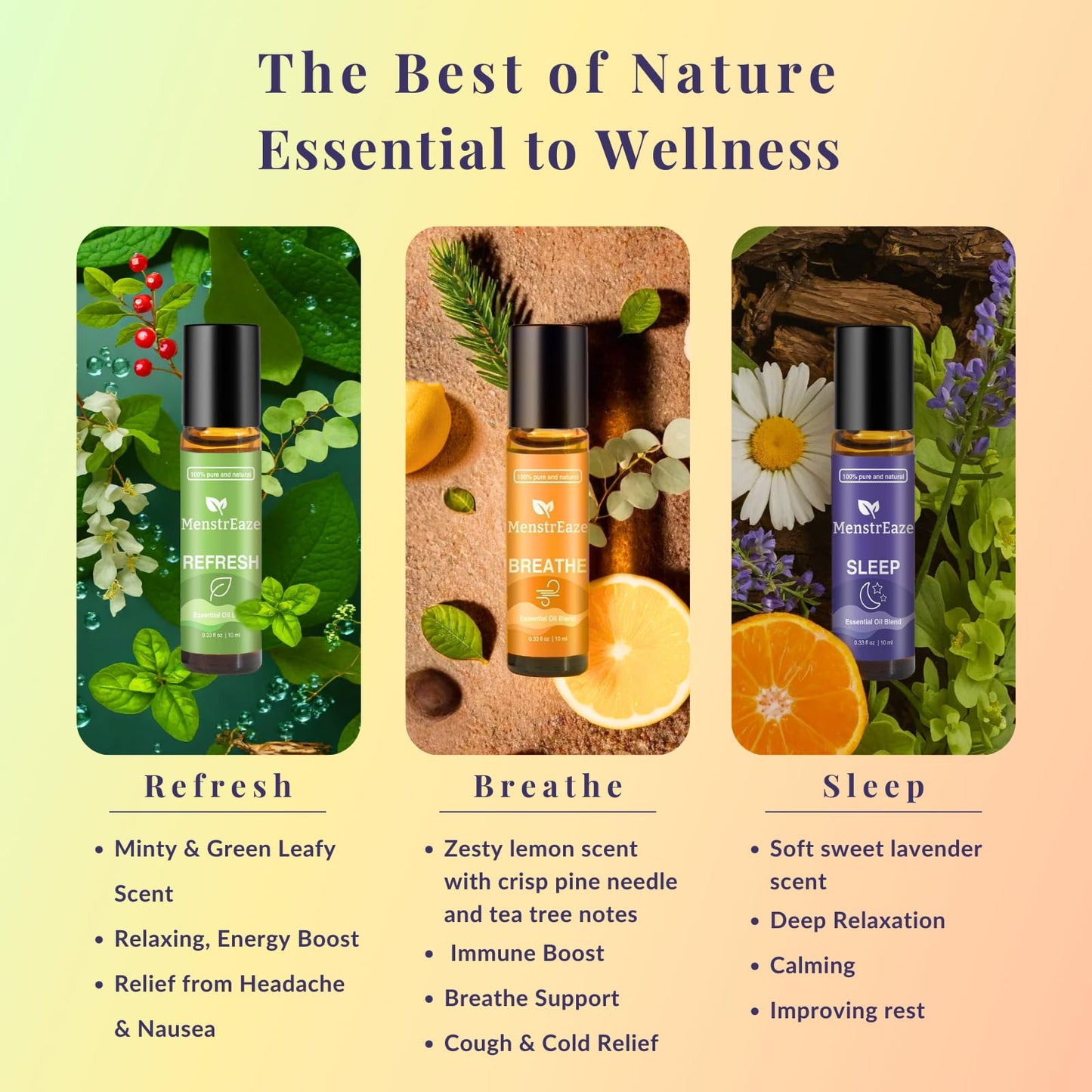 Therapeutic Grade Essential Oils Roll-On Set (Sleep, Breathe, Refresh), 100% Pure Natural Blend for Sleep Support, Stress Comfort, Head Comfort, Clear Breathing, Self Care Gifts for Women and Men