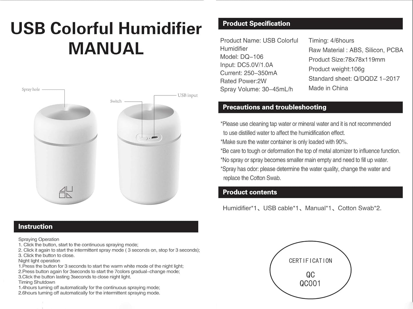 H2O – Ultrasonic Cool Mist Humidifier 3 Color (Black, White, Pink), Quiet Operation, USB Powered, Portable for Home, Office, Travel, Night Light Function, Compact Design, Improves Air Quality (Black)