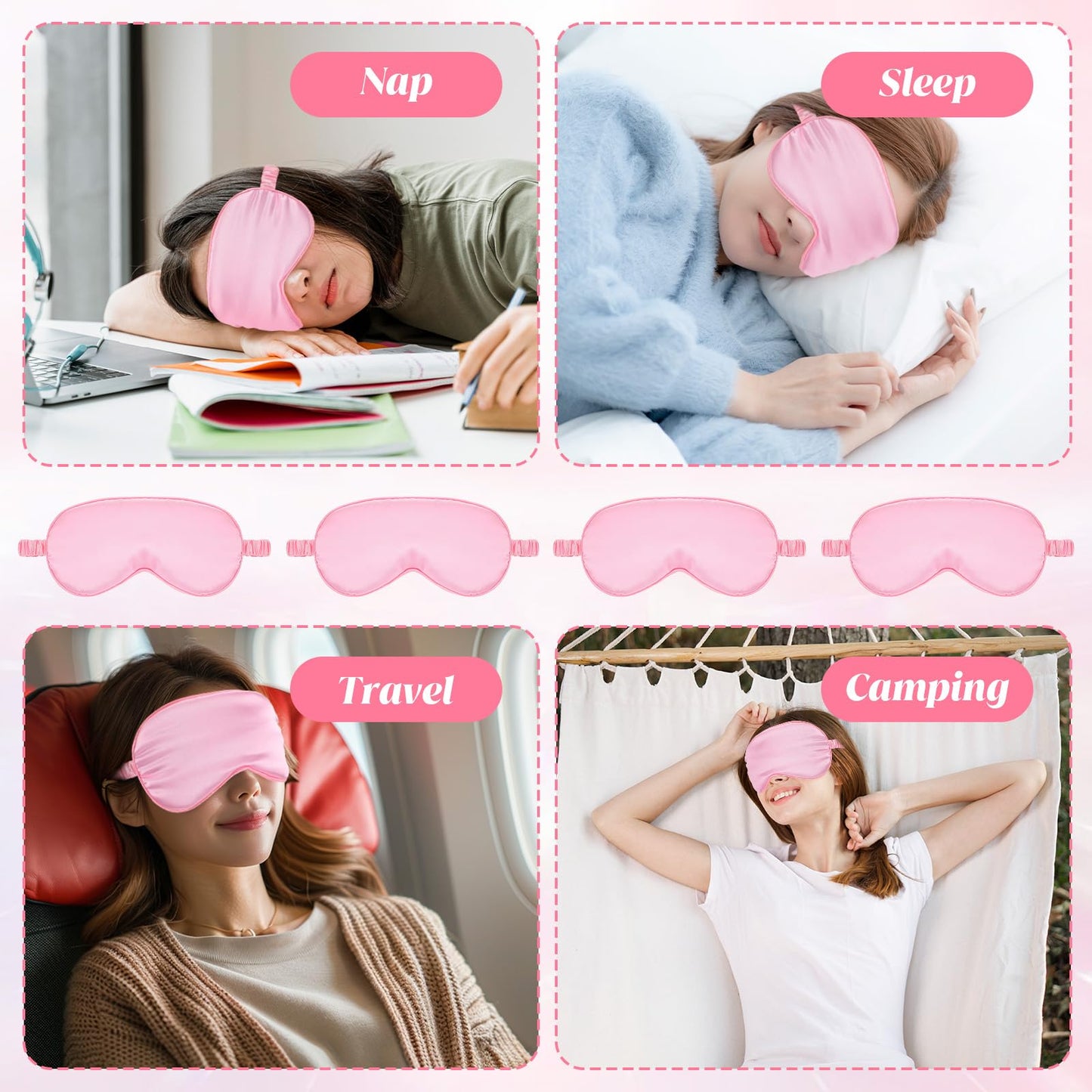 KFHENSOMR Silk Sleep Eye Mask 4 Pack Mulberry Sleep Mask Eye Cover Blindfold with Elastic Strap Cute Satin Soft Eyeshade Masks for Women Night Sleeping Travel Nap (Pink)
