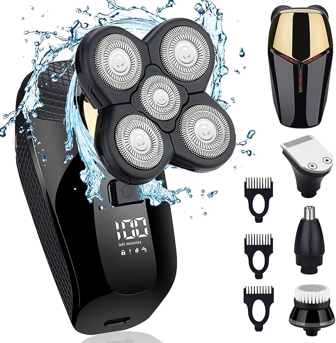 4 in 1 Electric Head Shaver Set - Bald Shaver, Wet & Dry, Cordless, with Nose & Ear Trimmer, Facial Cleansing, Rechargeable, IPX6 Waterproof