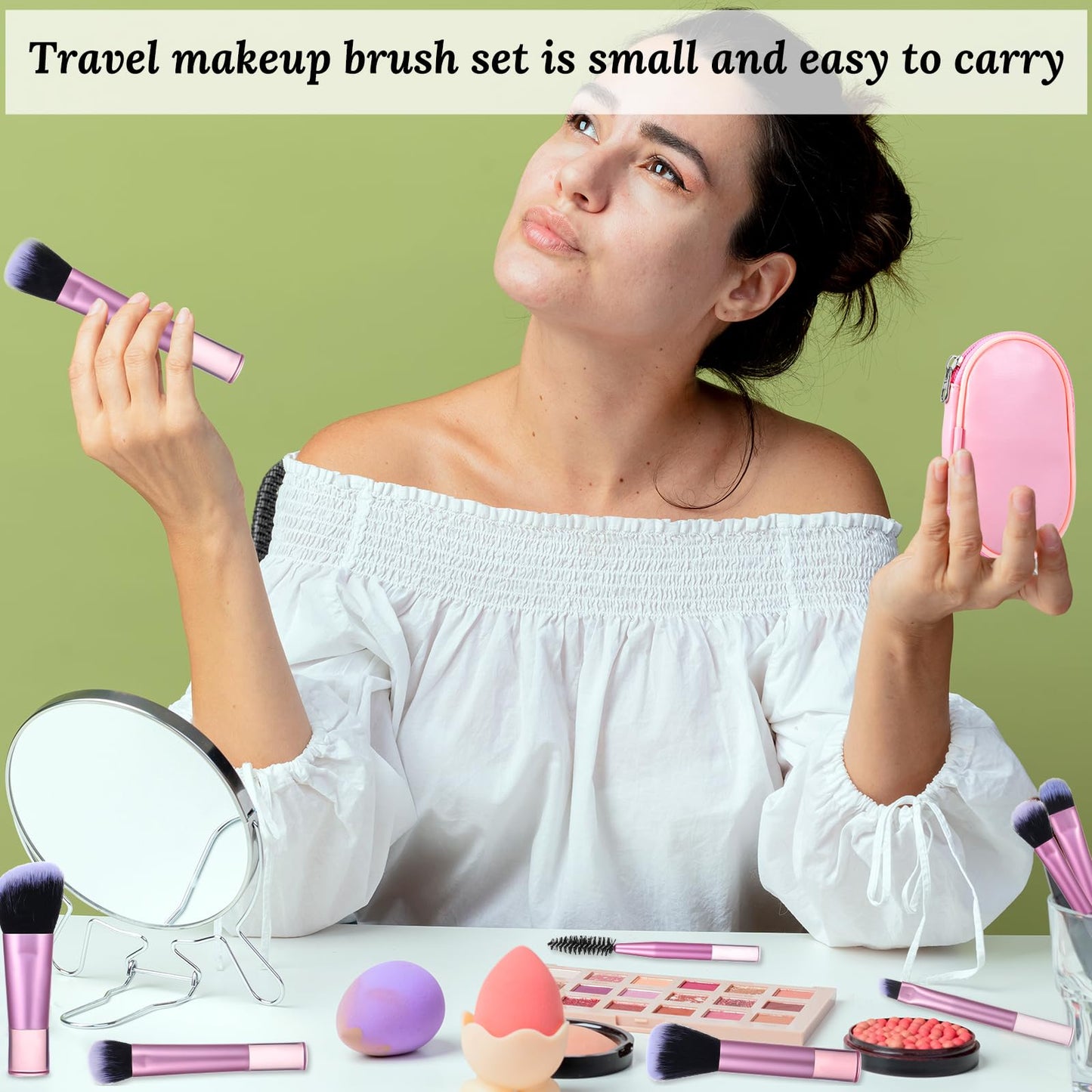 PEOVLVN 10 Pcs Travel Makeup Brushes, Mini Makeup Brushes Travel Set with Case Portable Travel Size Makeup Brushes Cosmetic Brushes Kit for Foundation Eyeshadow Highlight Contour Blush & Concealer