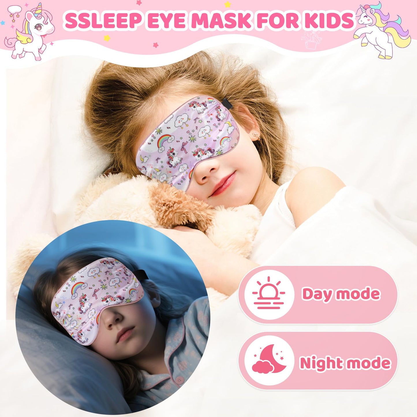 2 Pcs Sleep Mask for Kids Girls, Silk Eye Covers for Sleeping, Adjustable Strap & Light Blocking Design, Children's Bedtime Blindfold for Travel and Home Use (Rainbow Unicorn)