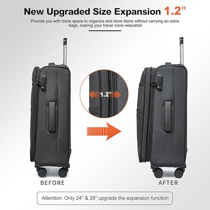 Kono 28 Inch Softside Expandable Checked Luggage with 8 Spinner Wheels TSA Lock Softshell Lightweight Business Travel Suitcase for Men and Women, Black