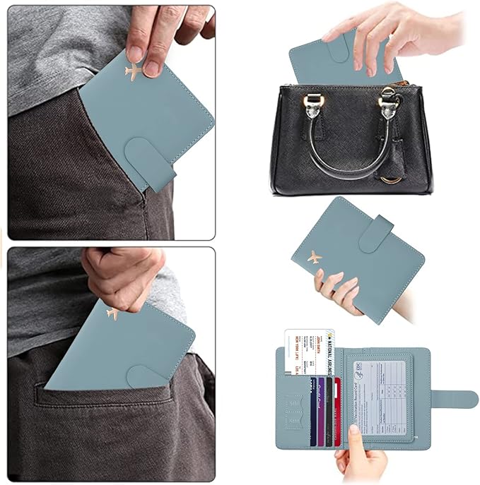 Cnycmy Passport Holder with Airtag,Passport-Wallet-Holder for Women, RFID Passport Holder with Slot Waterproof, PU Leather Travel Passport Case (greyish green)