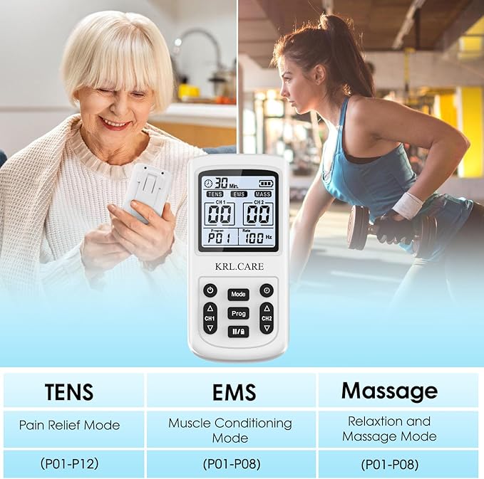 3-in-1 TENS Unit Muscle Stimulator, EMS Massage Machine with 40 Intensities for Gradual Shoulder, Sciatica, Back Pain Relief, Muscle Recovery, 28 Modes Portable Dual Channel with 8 Electrodes Pads