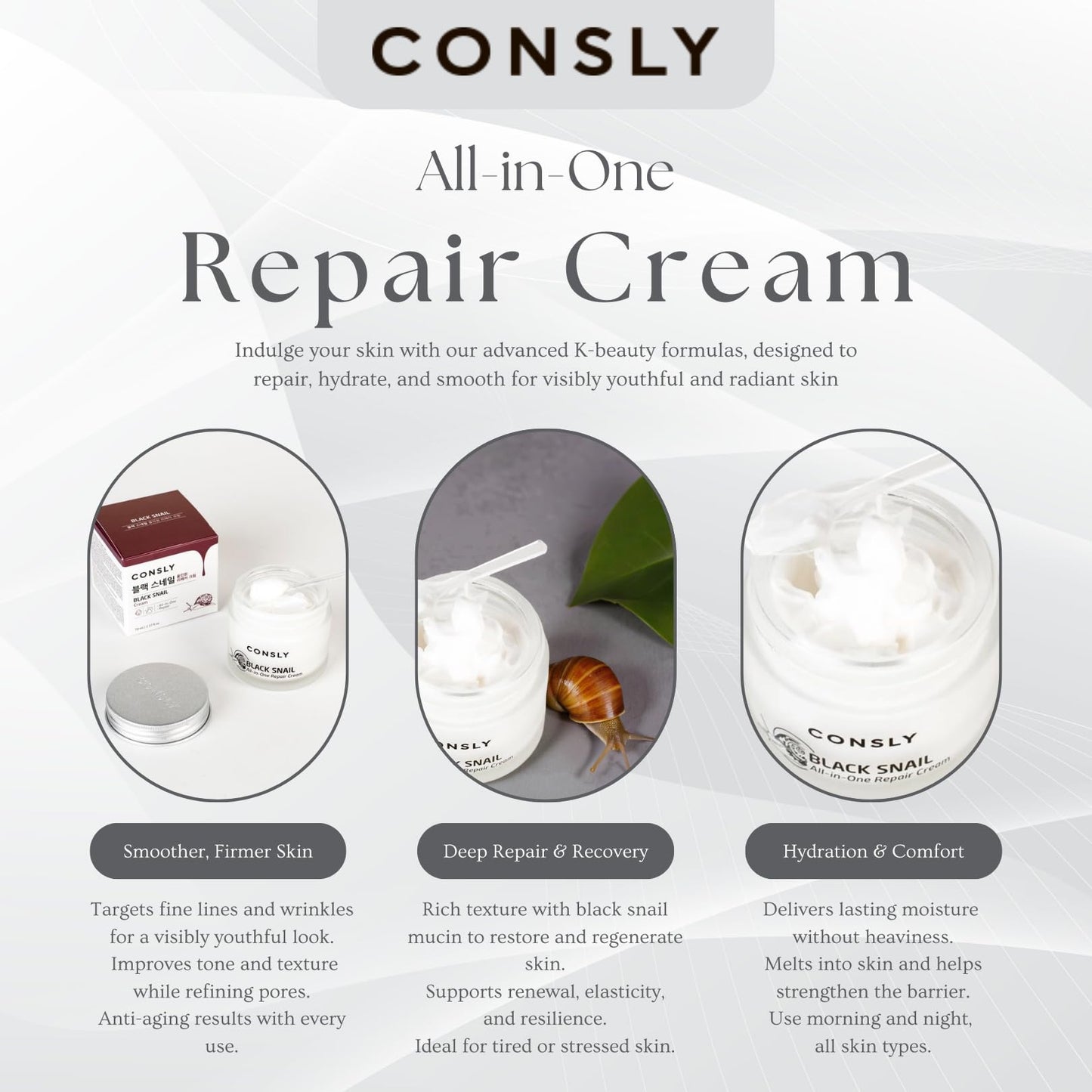 CONSLY_Black Snail All-In-One Repair Cream | Regenerating Moisturizer | Reduces Wrinkles | Improves Texture | Deeply Hydrating | For All Skin Types | 70ml