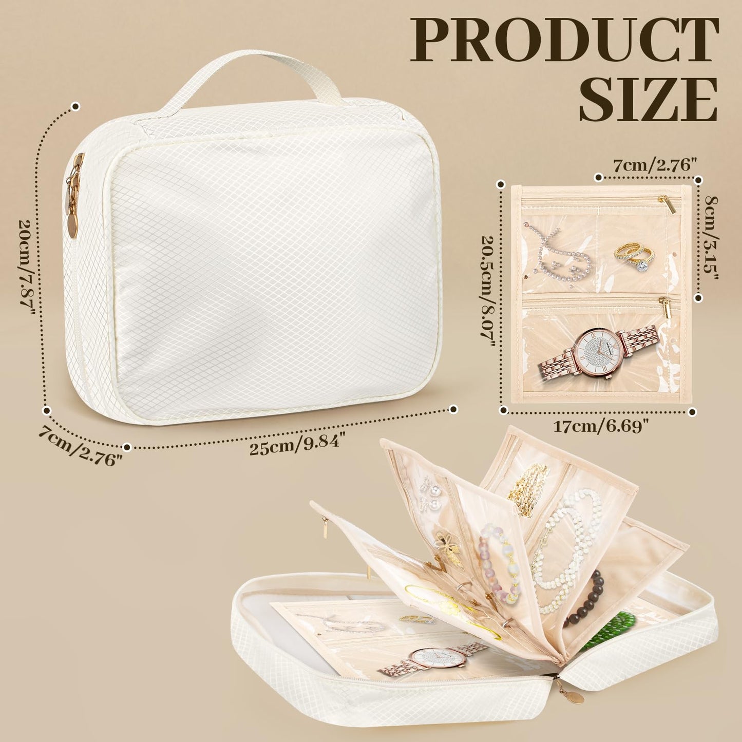 Dayacoco Travel Jewelry Organizer, Jewelry Storage Case Box with 6 Transparent Portable Clear Zipper Velvet Pouches for Earrings, Necklaces, Rings, Bracelets, Traveling, Gifts for Women (Beige)