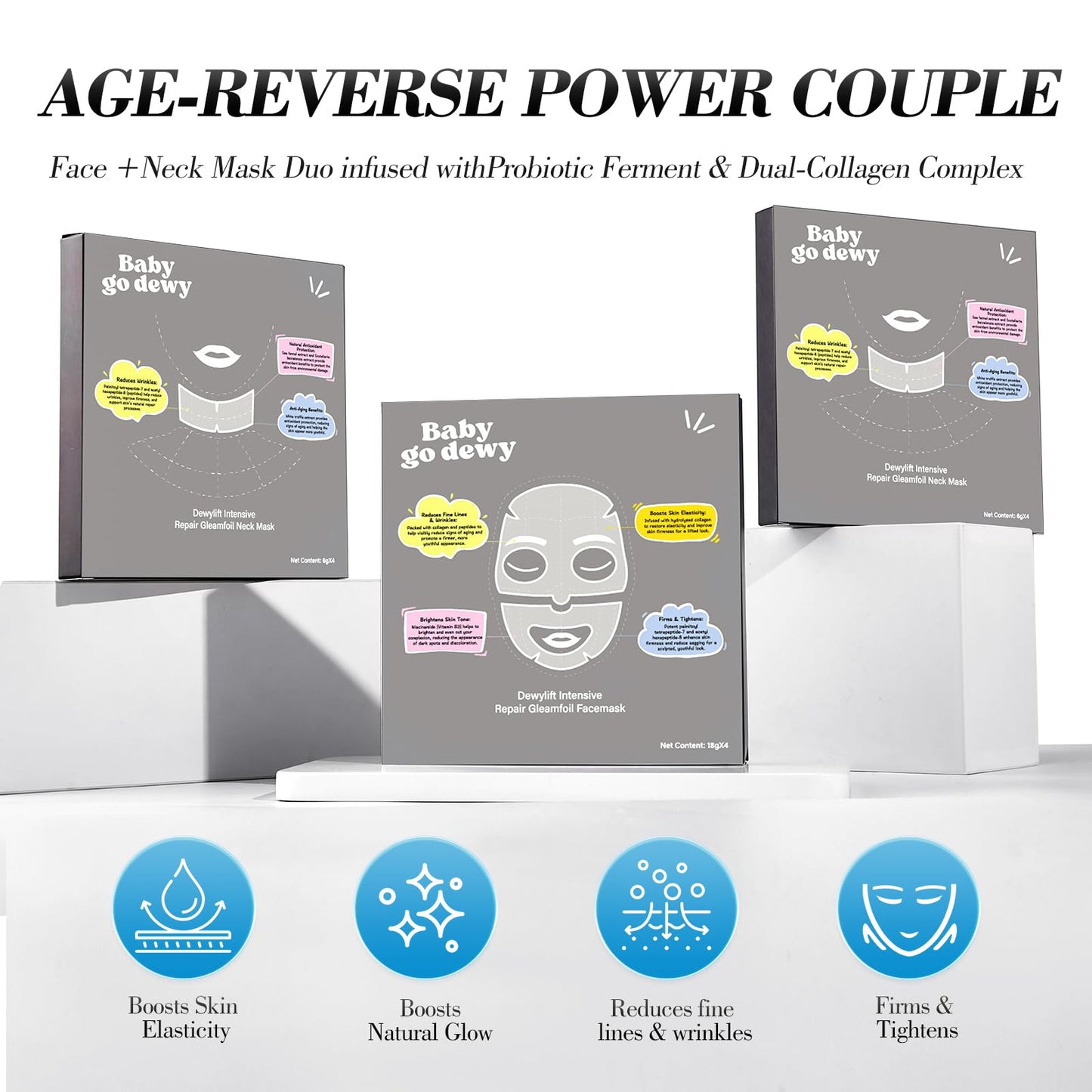 Baby Go Dewy Bio-Collagen‑Peptide Face Mask Sheets – Gleam Foil Intensive Overnight Hydrate Face & Neck Masks for Moisturizing, Firming & Lifting Care – 8 Count(4 Face Masks + 4 Neck Masks)