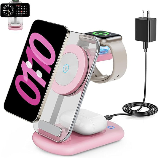 2025 Traveling Wireless Mag-Safe Fast Charging Station,Magnetic 3 in 1 Charger with Light for iPhone 16 15 14 13 12 Pro Max Plus,Apple Watch Series & Air pods 4 3 2 Pro-Gifts for Wife & Husband(Pink)