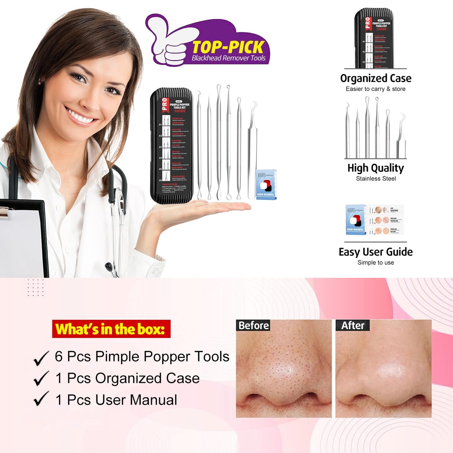 Cbiumpro 6 Pack Blackhead Remover Tools, Pimple Popper Tool Kit, Professional Blackhead Extractor for Zit, Acne, Whitehead, Comedone on Nose - with Case